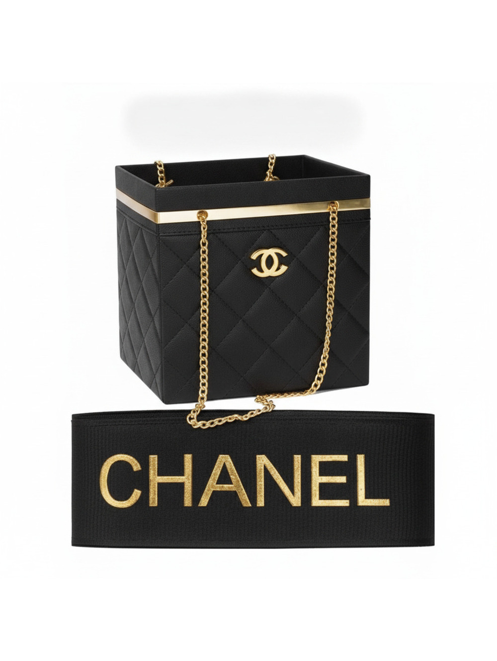 Black Quilted Box Mini Bag with Gold Hardware CC Emblem Flower Bouquet Holder